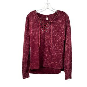 MUDD Womens Pullover Top Long Sleeve Lace Up Neck Maroon Size Medium